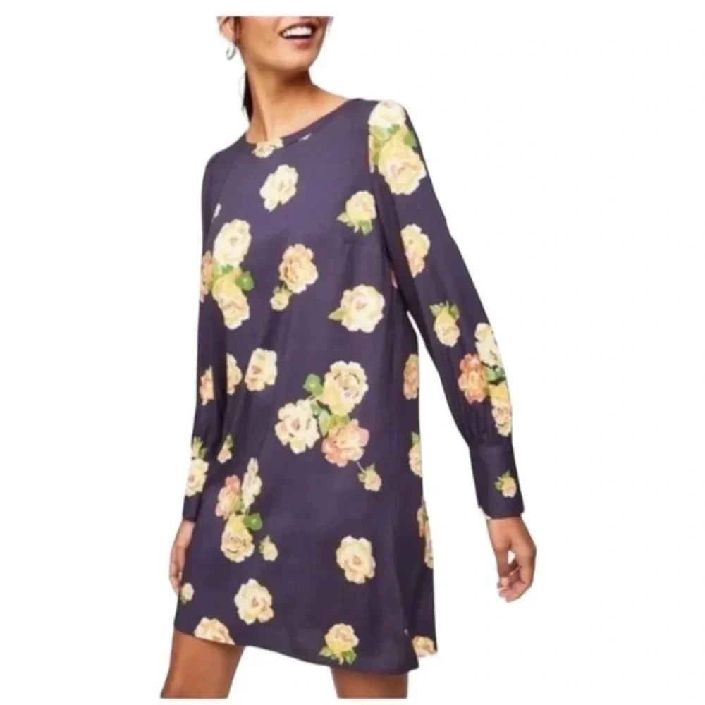 Ann Taylor | LOFT | Smokey Grey Blue Peony Fluid Shift Dress Size XS